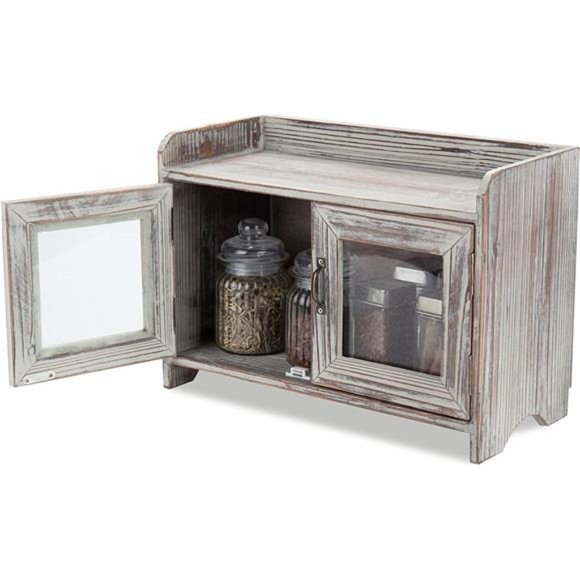 Solid Torched Wood Countertop Storage Cabinet with 2 Glass Window Doors - Picture 1 of 6